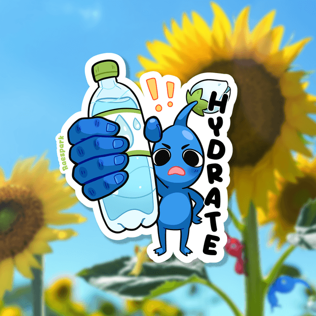 Blue Pikmin holding a water bottle saying "HYDRATE" sticker